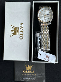 OLEVS Mens Watch Triple Dial, Pearl Face, Gold/Sliver Band, Diamond, Waterproof