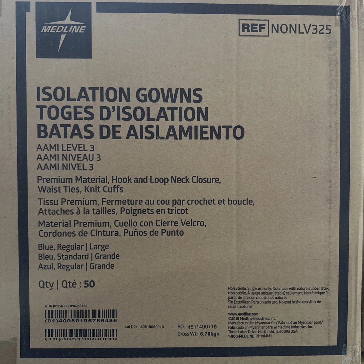 Medline Isolation Gown Box Of 50 Size Large Ref NONLV325