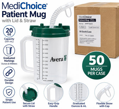 MediChoice PPP70033 Avera 20 oz Patient Drinking Mug with Lid Straw Case of 50
