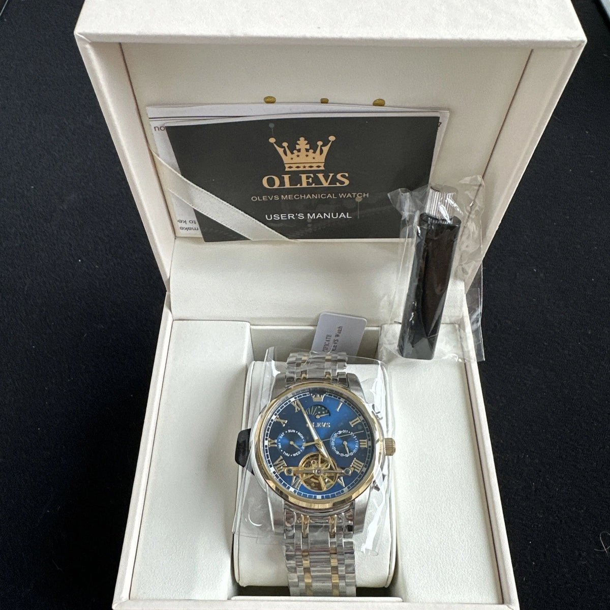 Olevs Mens Luxury Watch Skeleton, Moon Phase, Silver/Gold Band, Blue Dial