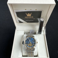 Olevs Mens Luxury Watch Skeleton, Moon Phase, Silver/Gold Band, Blue Dial