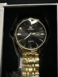 OLEVS Mens Watch Black Face, Gold Band, Day Date, Quartz