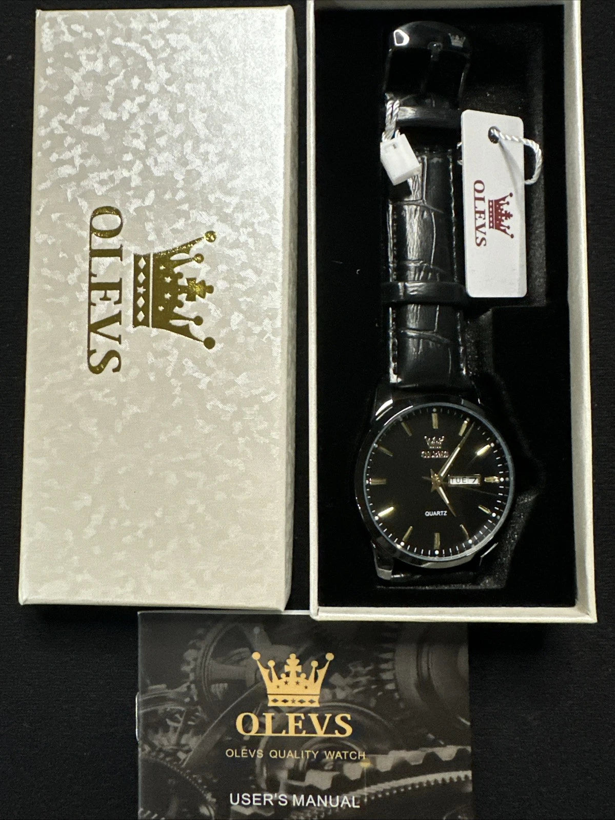 OLEVS Mens Watch Black Face, Black Leather Band, Day Date