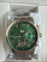 Olevs Men’s Watch Skeleton 5 Hands Gold/Silver Band, Green Dial