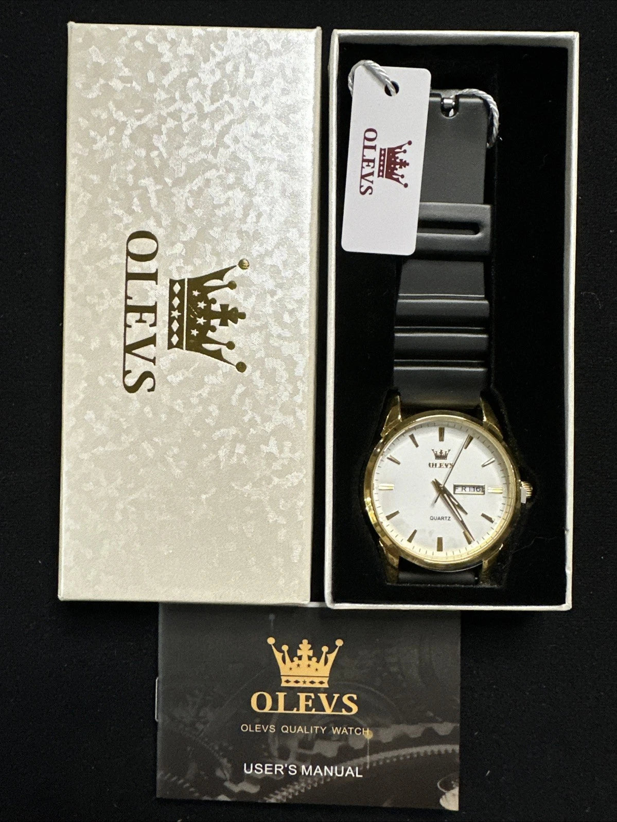 OLEVS Mens Watch White Face, Black Rubber Band, Day Date, Quartz