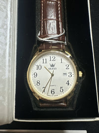 OLEVS Mens Watch White Face, Brown Leather Band, Day Date, Easy Reader