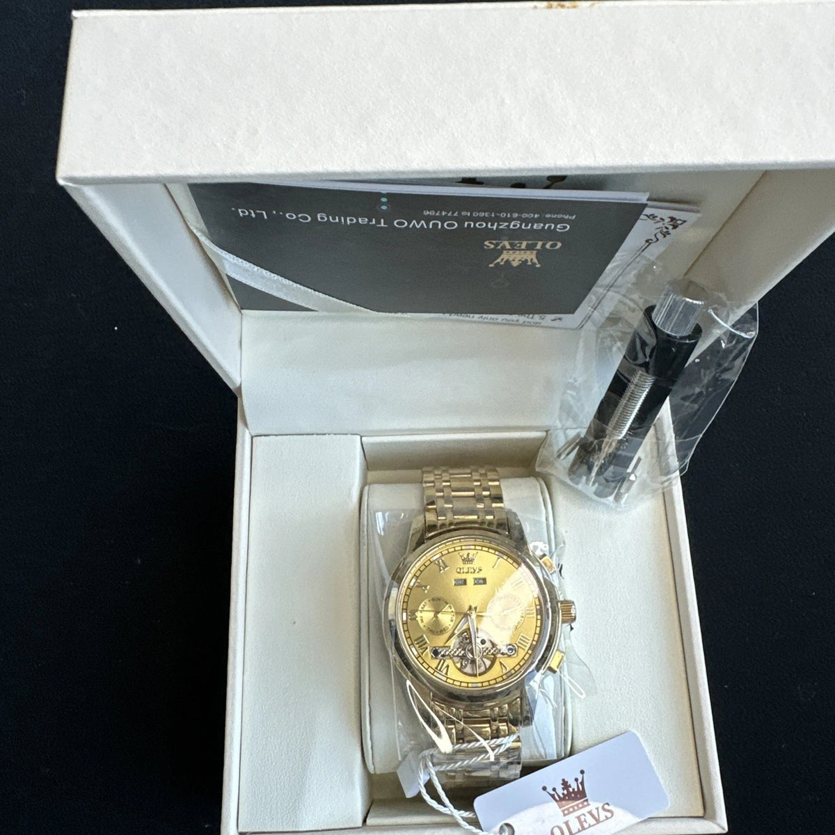 Olevs Mens Luxury Watch Skeleton, Day Date, Gold Band, Gold Dial