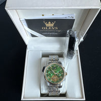 Olevs Mens Luxury Watch Skeleton, Moon Phase, Silver/Gold Band, Green Dial