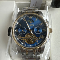 Olevs Mens Luxury Watch Skeleton, Moon Phase, Silver/Gold Band, Blue Dial