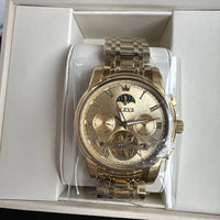 Olevs Mens Luxury Watch Skeleton, Moon Phase, Gold Band, Gold Dial