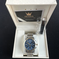 Olevs Mens Luxury Watch Moon Phase, Silver/Gold Band, Blue Dial