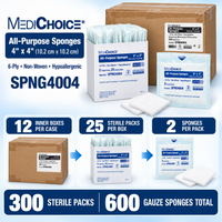 MediChoice SPNG4004 All-Purpose Sponges 4x4 6-Ply Sterile Case of 300