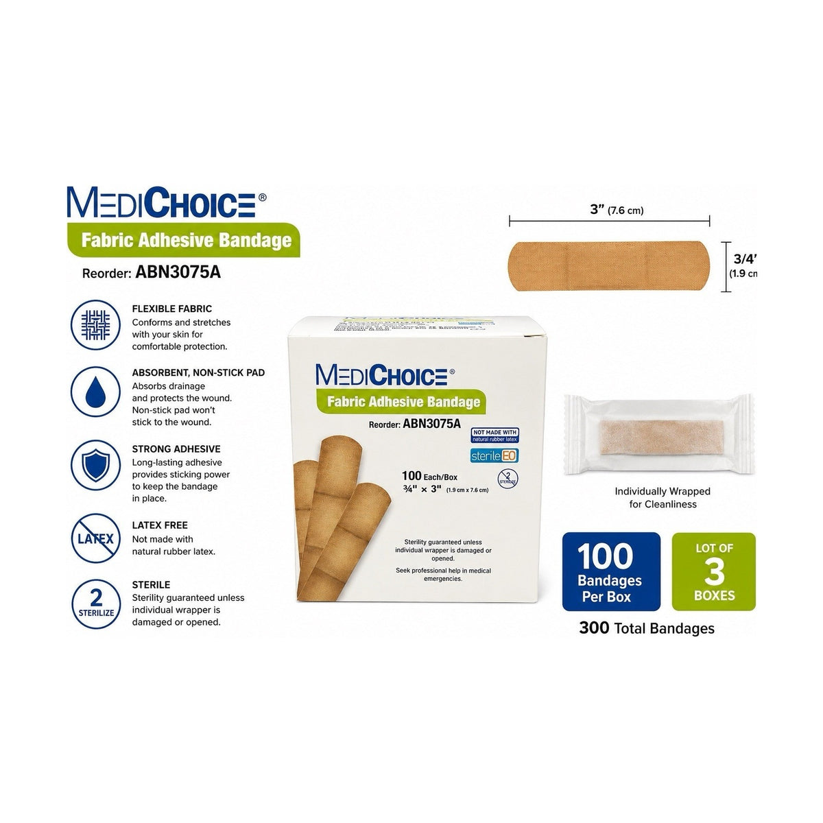 Lot of 3 MediChoice ABN3075A Sterile Fabric Adhesive Bandages 3/4” x 3” 100/Box