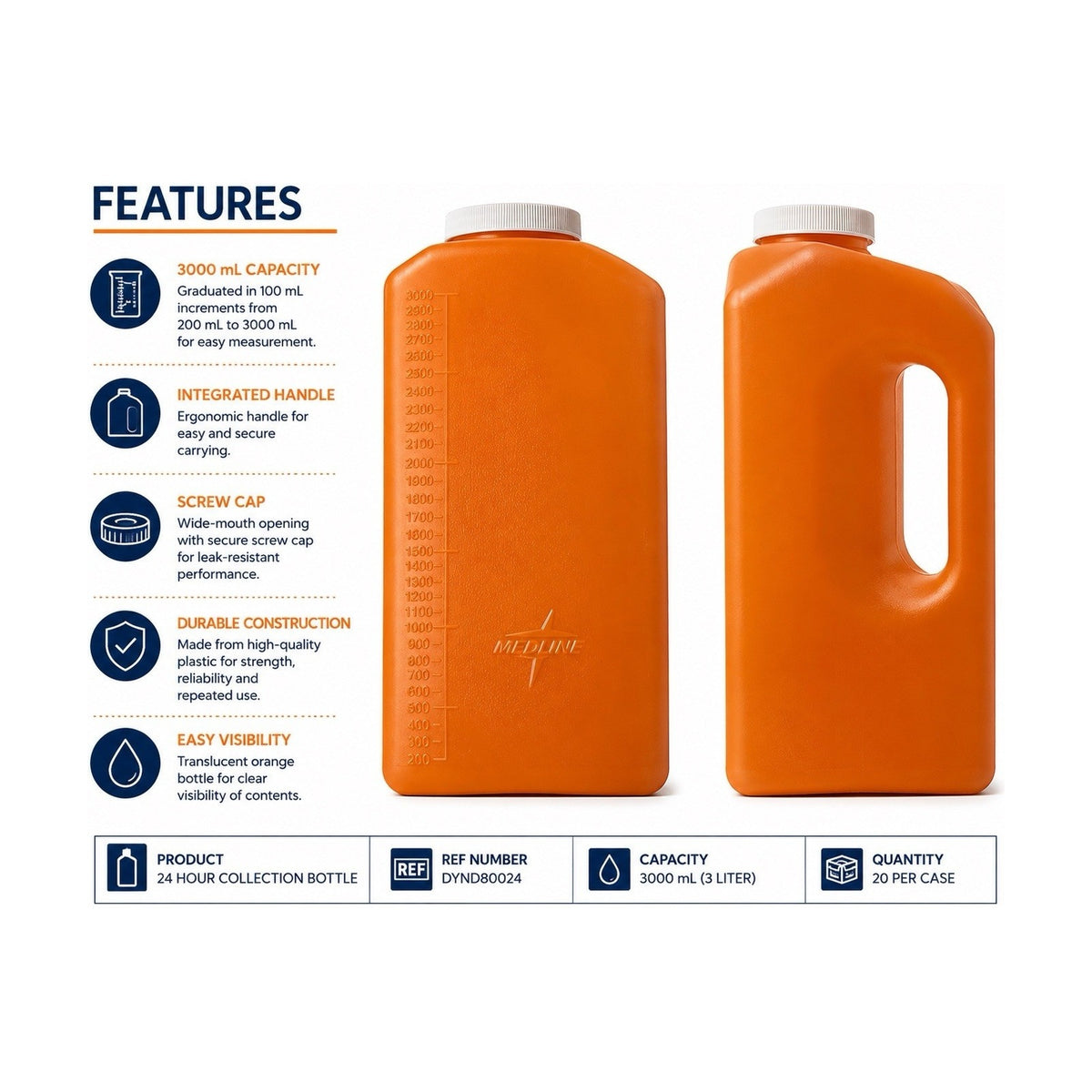 Medline 3000mL Graduated Orange 24hr Collection Bottle DYND80024 With Handle