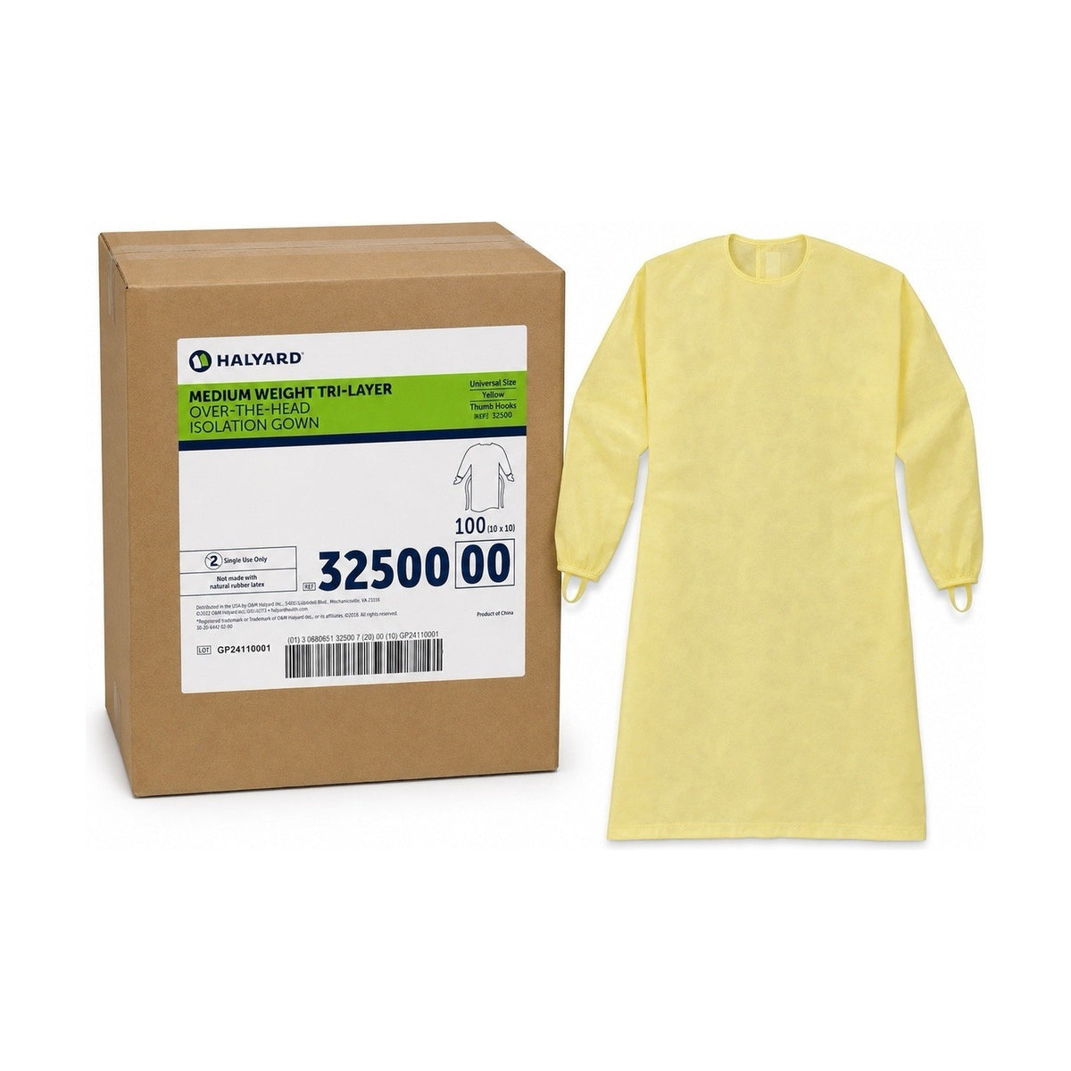 Halyard 32500 Tri-Layer Over-The-Head Isolation Gowns Universal Fit QTY 100