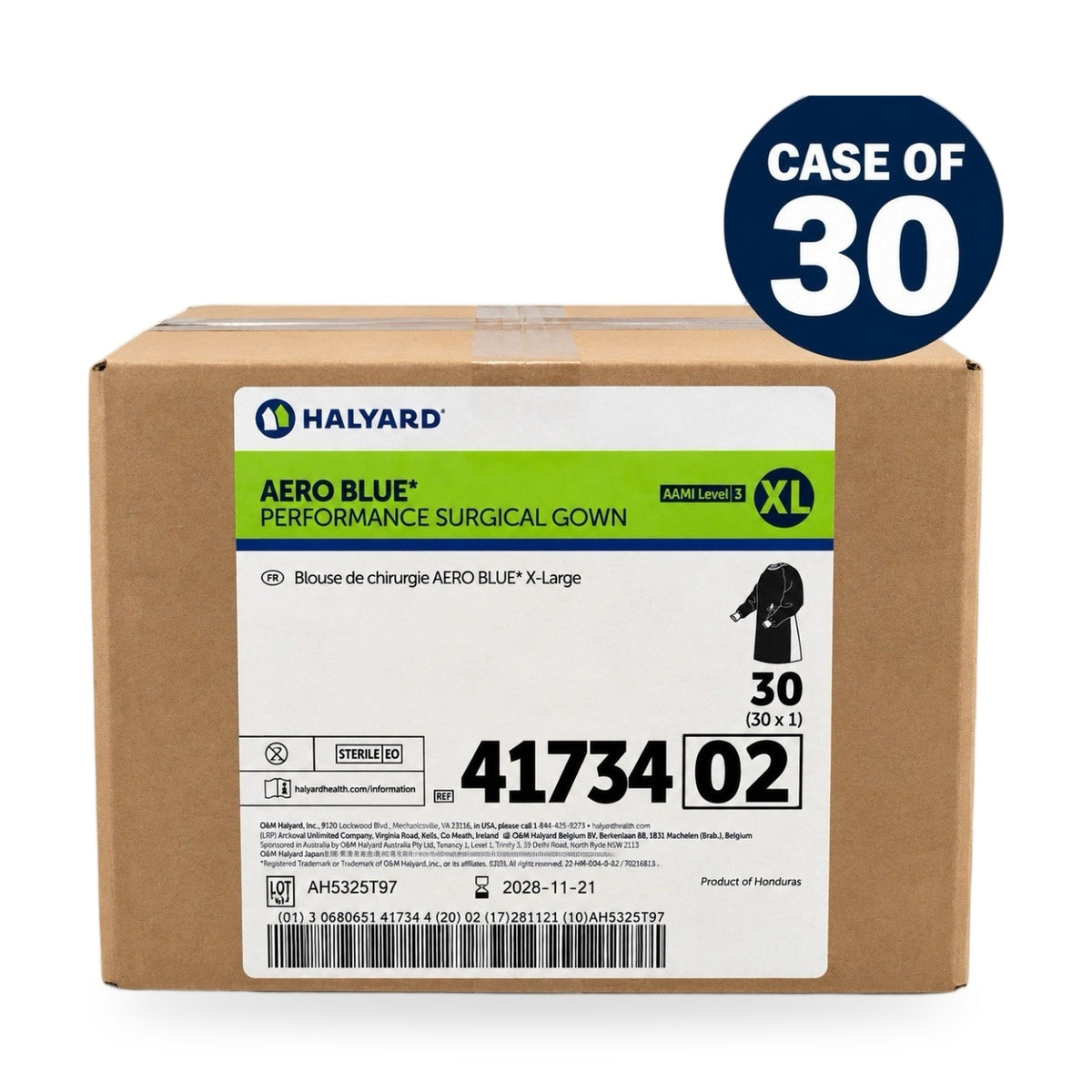 Halyard 41734 Aero Blue Performance Gowns XL AAMI Level 3 Sterile 30pcs