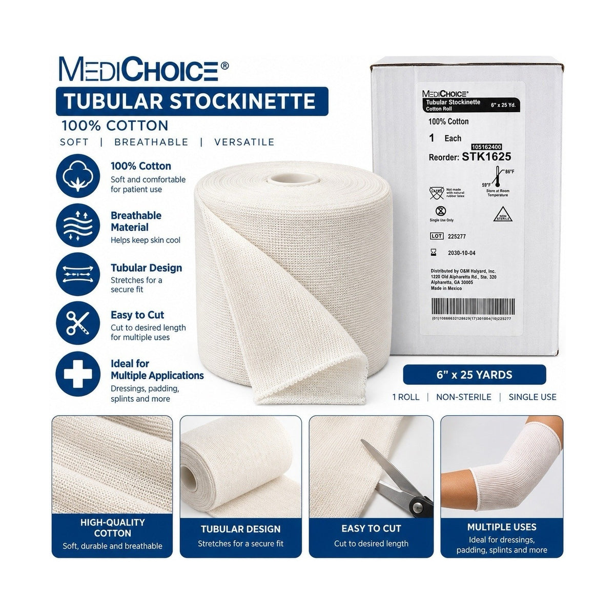 MediChoice STK1625 Tubular Stockinette 6in x 25yd 100% Cotton Non-Sterile