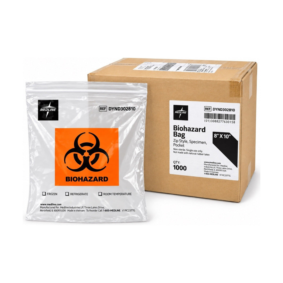Medline DYND302810 Biohazard Specimen Bags 8” x 10” Zip Style Case of 1000
