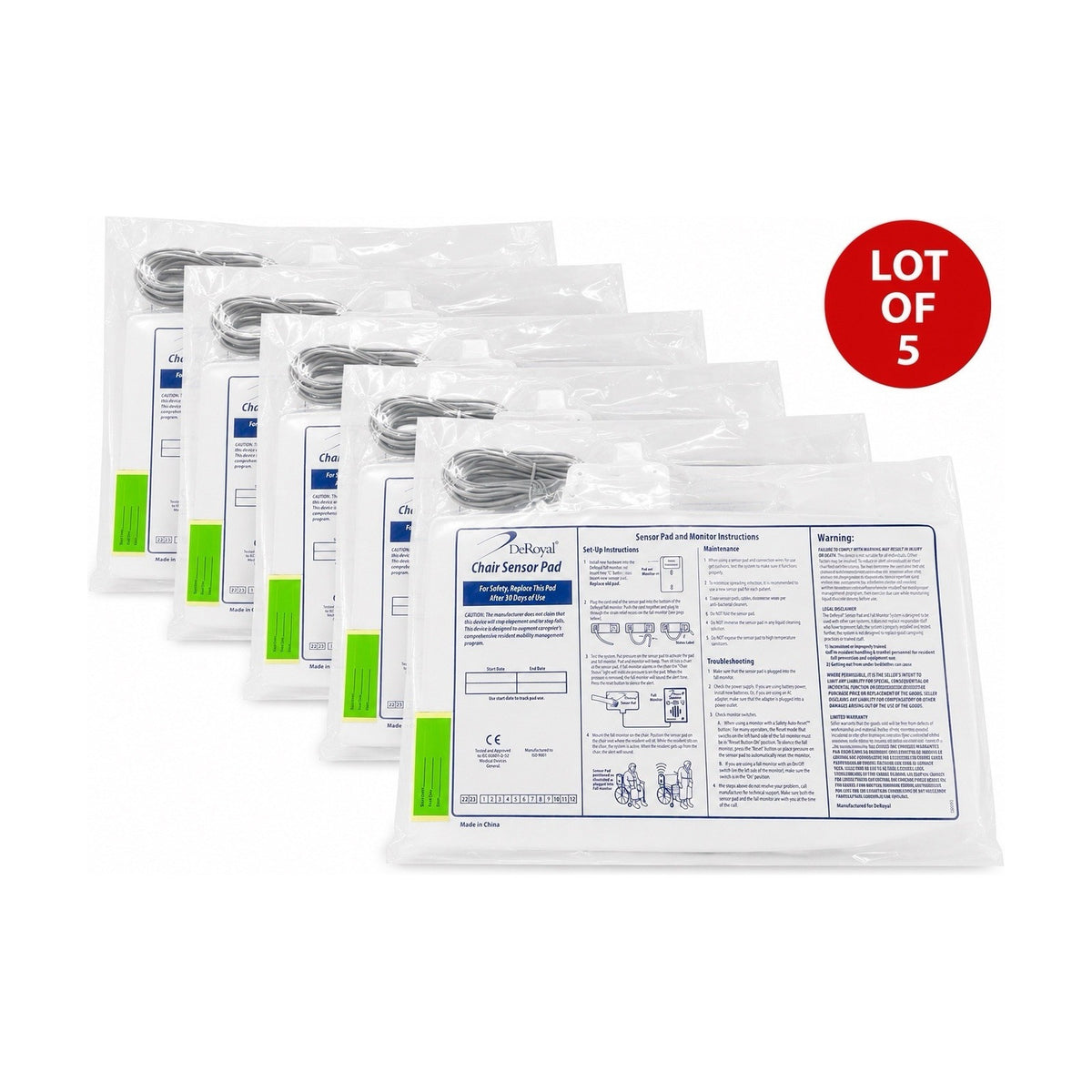 Lot of 5 DeRoyal DR-PPC-W30LM Chair Sensor Pads 30 Day Pressure Alarm Pads New