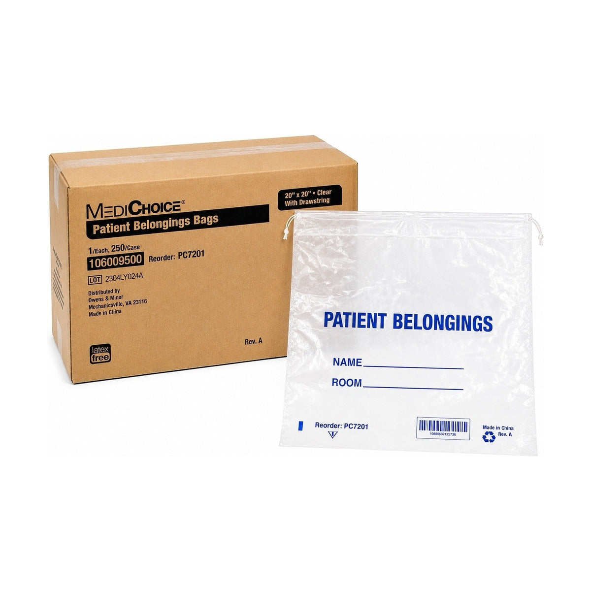MediChoice PC7201 Patient Belongings Bags 20x20 Clear Drawstring 250/Case