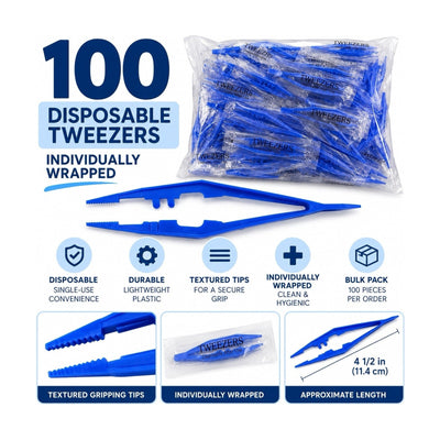 TWEEZERS Disposable Plastic Forceps Individually Wrapped Blue Lot of 100