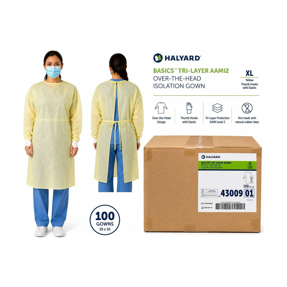 Halyard 43009 Basics Tri-Layer AAMI 2 Isolation Gown XL Yellow Case of 100