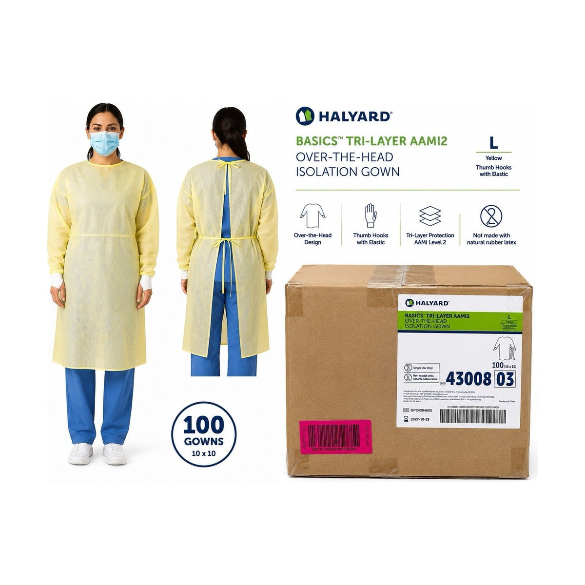 Halyard 43008 Basics Tri-Layer AAMI 2 Isolation Gown Large Yellow Case of 100