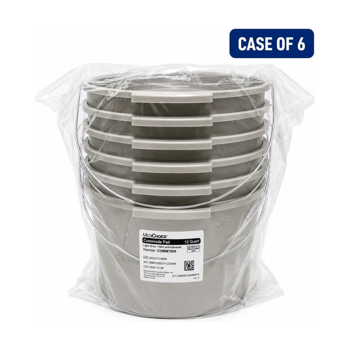 MediChoice COMM7009 12 Qt Commode Pail w/Lid Light Gray Case of 6 New