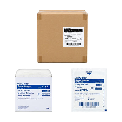 MediChoice GZ74004 Sterile Gauze 4x4 12-Ply 24 Boxes 25 Packs/Box 2/Pack 1200Ct