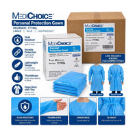 MediChoice 77765L Personal Protection Gown Large Blue Case 120 Non-Sterile