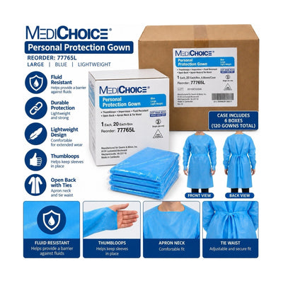 MediChoice 77765L Personal Protection Gown Large Blue Case 120 Non-Sterile