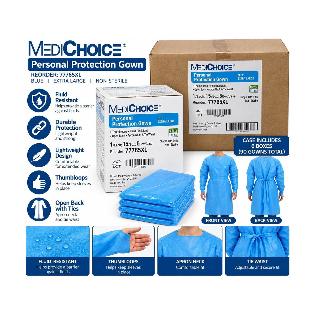 MediChoice 77765XL Personal Protection Gown Extra Large Blue 120ct Non-Sterile