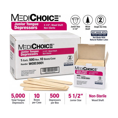 MediChoice WOD3001 Junior Tongue Depressors 5.5” Non-Sterile 500/Box Case 10