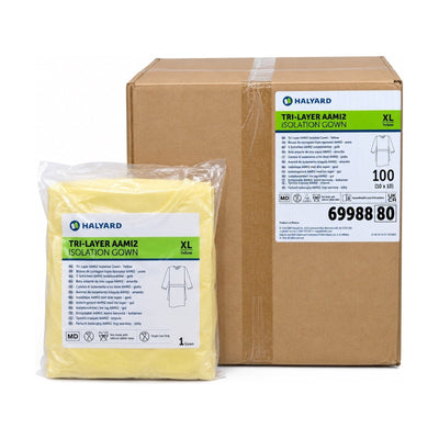 Halyard 69988 Tri-Layer AAMI Level 2 Isolation Gowns Yellow XL 100 Count