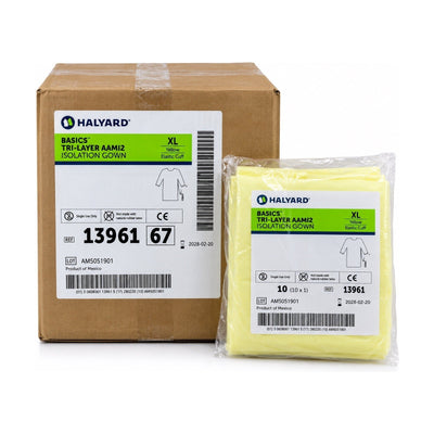 Halyard 13961 Basics Tri-Layer AAMI Level 2 Isolation Gowns XL Yellow 100 Ct