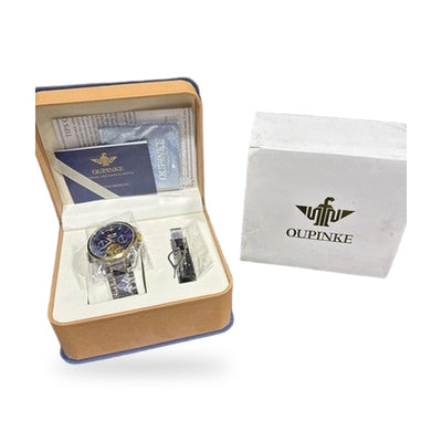 Oupinke Blue Skeleton Tourbillon Luminous Formal Automatic Mechanical Wristwatch