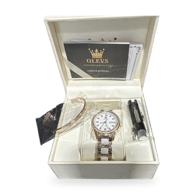 OLEVS Woman's Ceramics Band Zircon Case Day Auto Mechanical Wrist Watches White