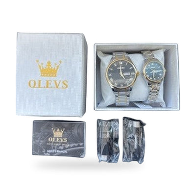 OLEVS Valentines Couple Pair Black Dial, Stainless Steel, Waterproof, Calendar