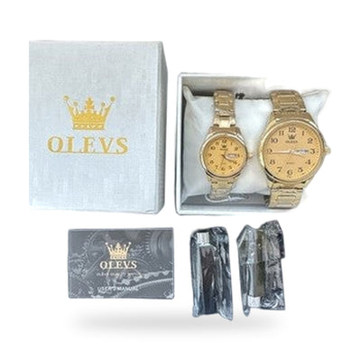 OLEVS Valentines Couple Pair Gold Dial, Gold Band, Waterproof, Calendar