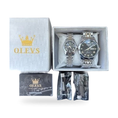 OLEVS Quartz Couple Pair Black Dial, Stainless Steel, Waterproof, Calendar