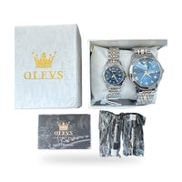 OLEVS Quartz Couple Pair Blue Dial, Stainless Steel, Waterproof, Calendar