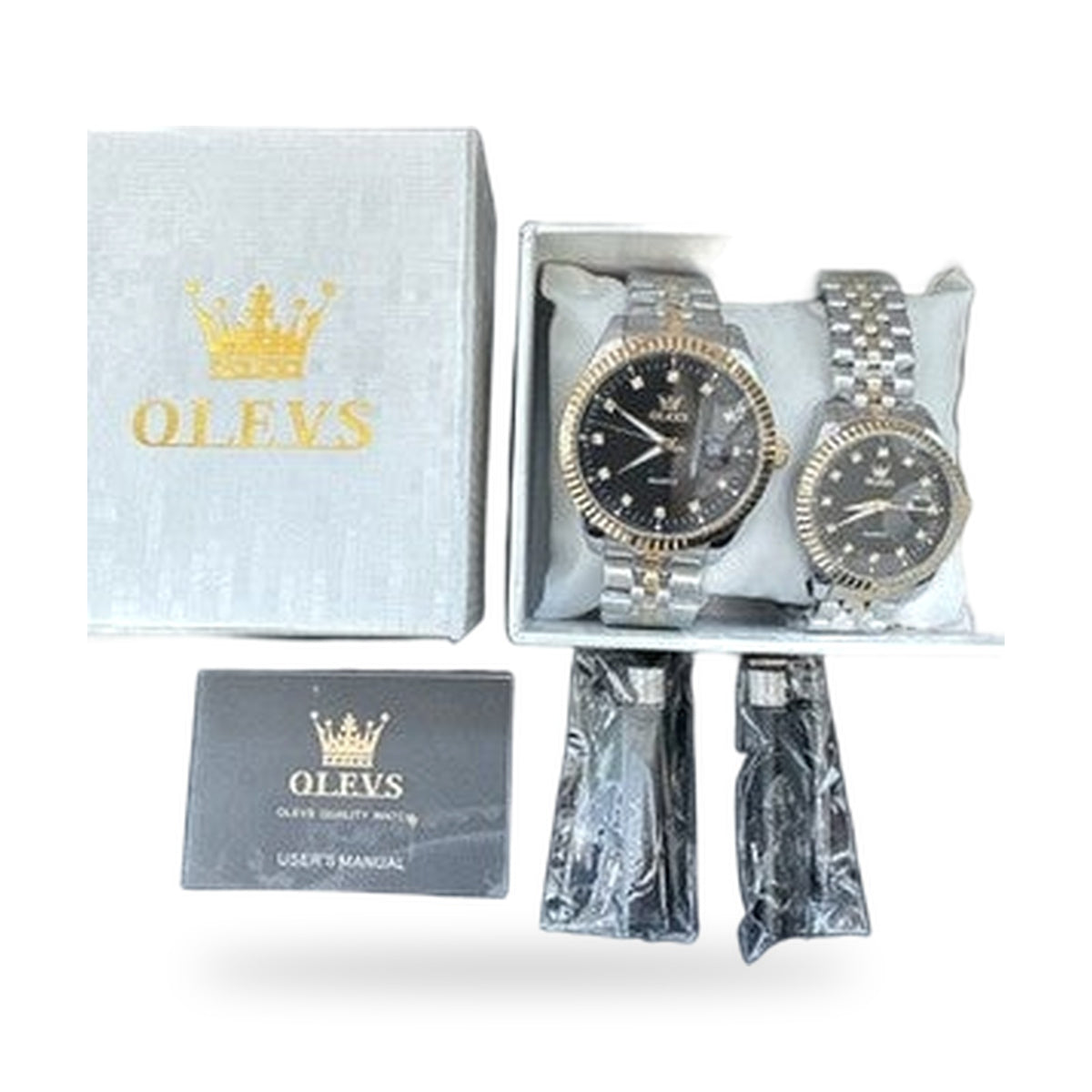 OLEVS Quartz Couple Pair Black Dial With Diamond, Stainless Steel, Waterproof