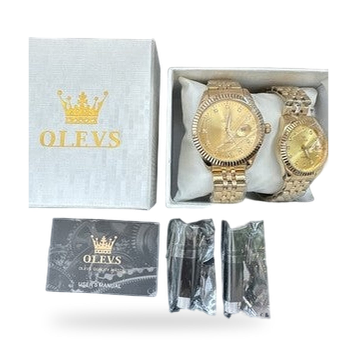 OLEVS Quartz Couple Pair Gold Dial With Diamond, Gold Band, Waterproof