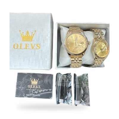 OLEVS Quartz Couple Pair Gold Dial With Diamond, Gold Band, Waterproof