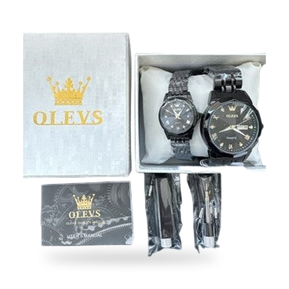 OLEVS Quartz Couple Pair All Black, Waterproof, Calendar