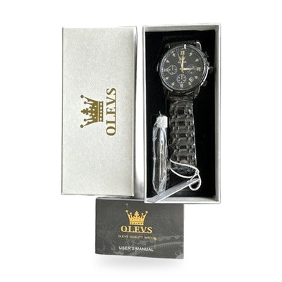 OLEVS Mens Watch Triple Dial, Black Face, Black Band, Diamond, Waterproof