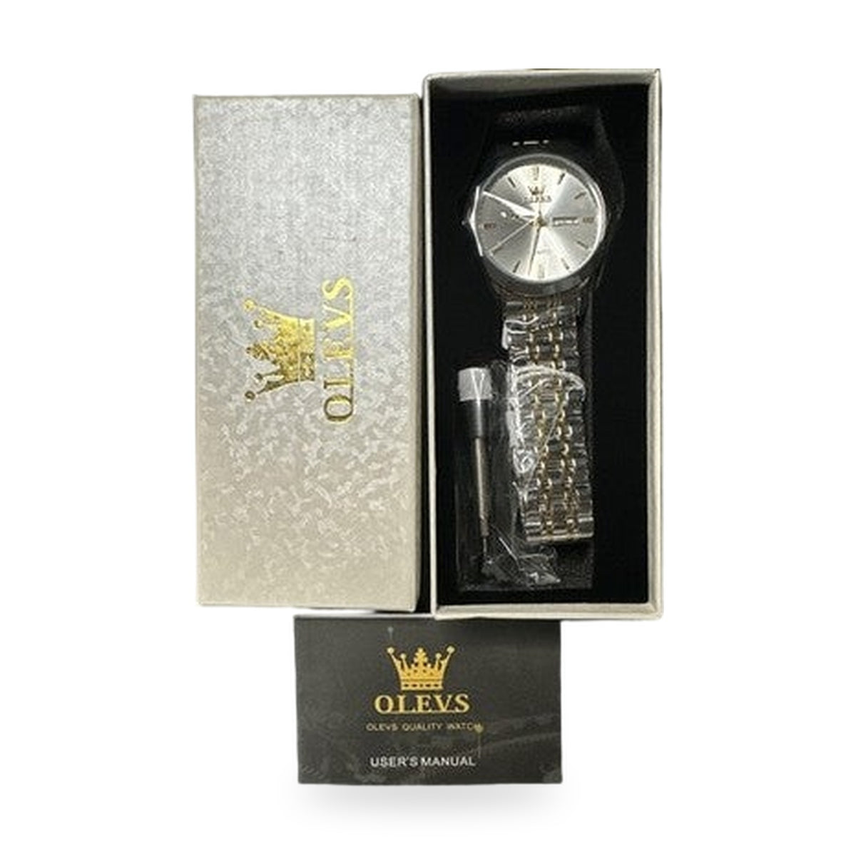OLEVS Mens Watch Silver Face, Gold/Silver Band, Day Date, Quartz