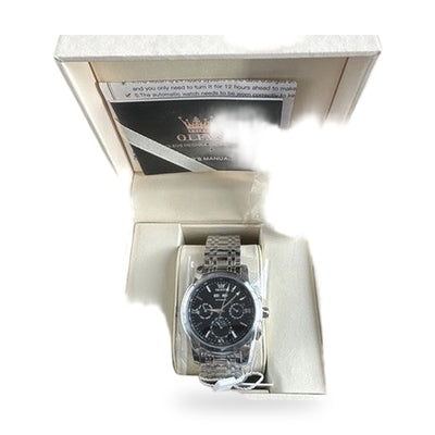 Olevs Mens Luxury Watch Moon Phase, Silver Band, Black Dial