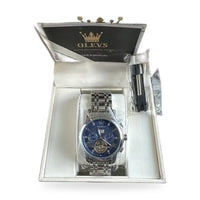 Olevs Men’s Watch Skeleton 5 Hands Silver Band, Blue Dial, Gold Bezel