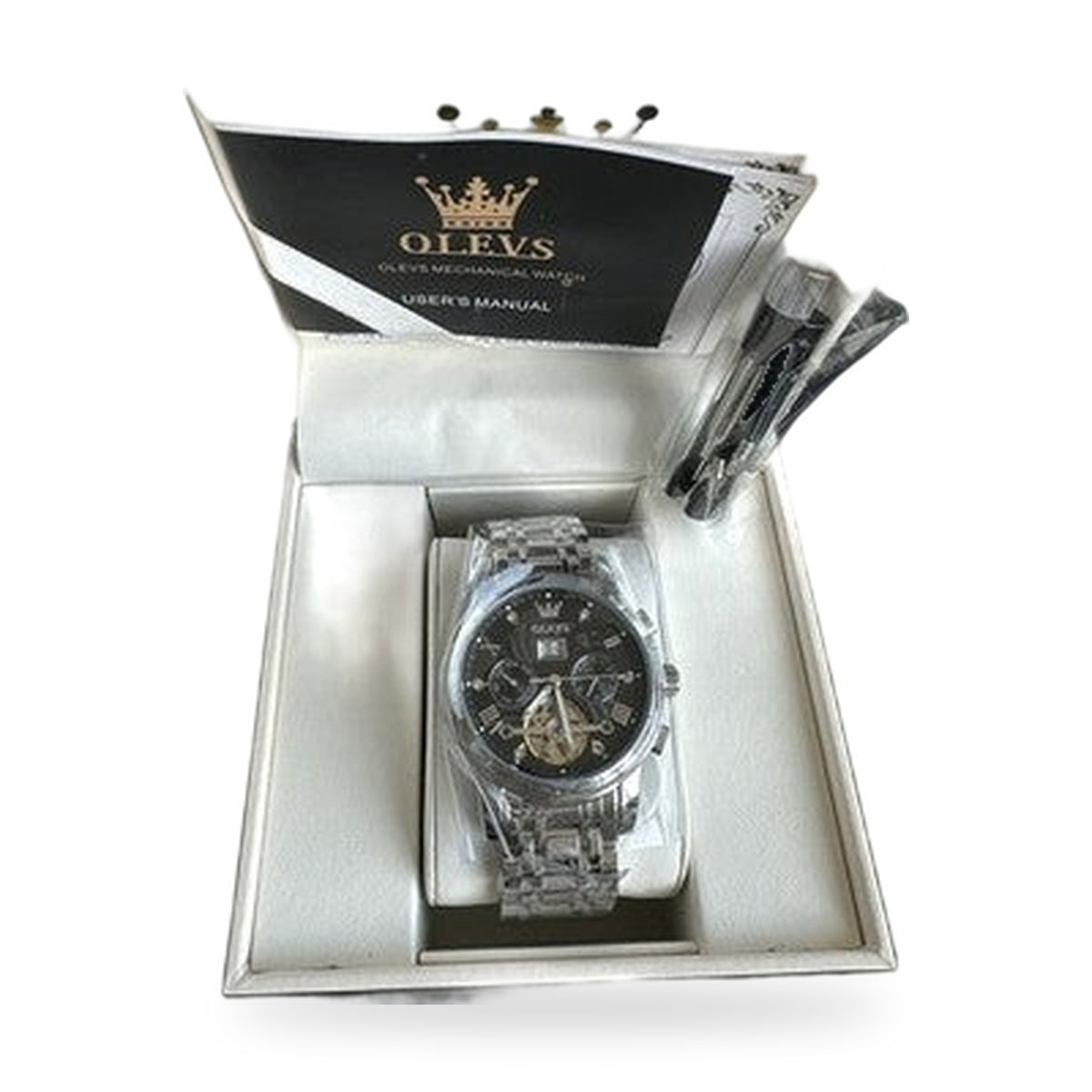 Olevs Men’s Watch Skeleton 5 Hands Silver Band, Black Dial